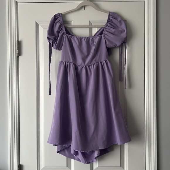 EXLURA Square Neck Backless Tie Back Short Puff Sleeve Babydoll Dress - Picture 4 of 6